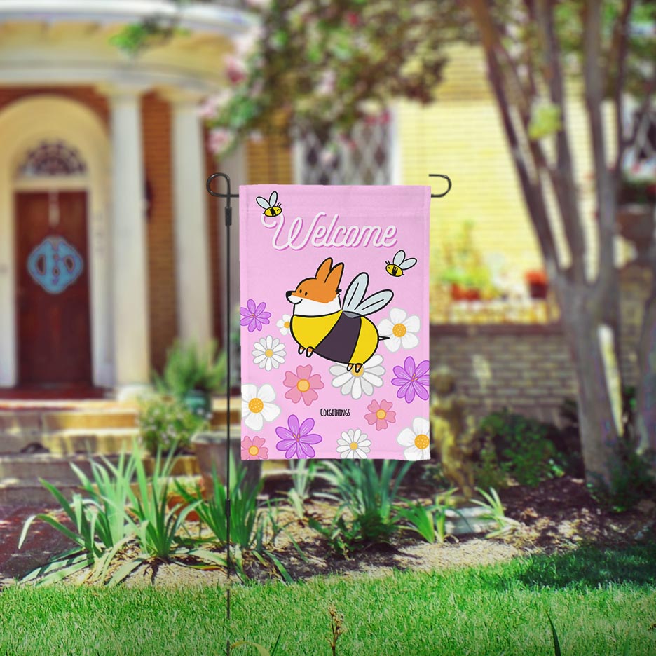 "Corgi Bee" Pink Garden Flag
