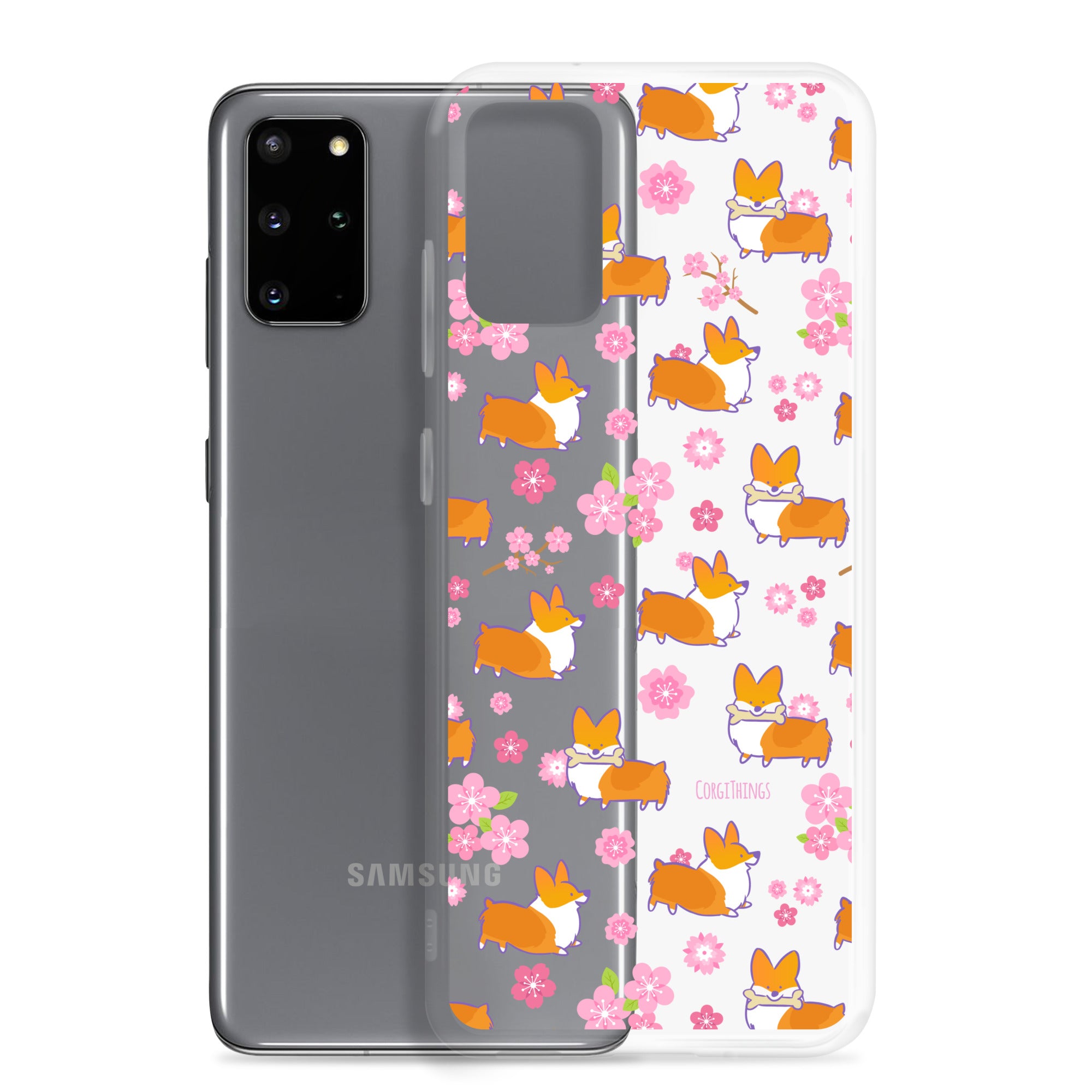 "Cherry Blossoms" Corgi Clear Samsung Phone Case