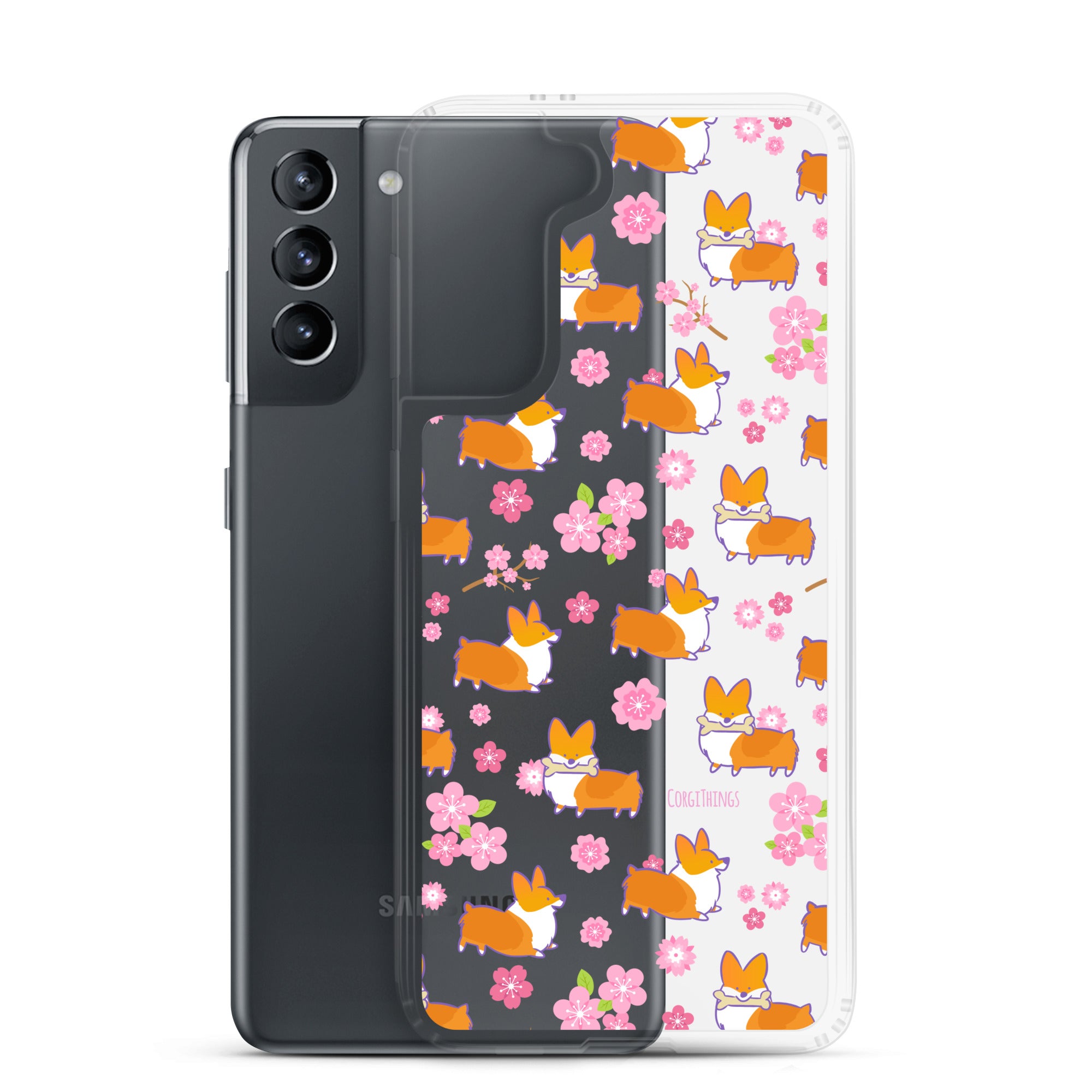 "Cherry Blossoms" Corgi Clear Samsung Phone Case