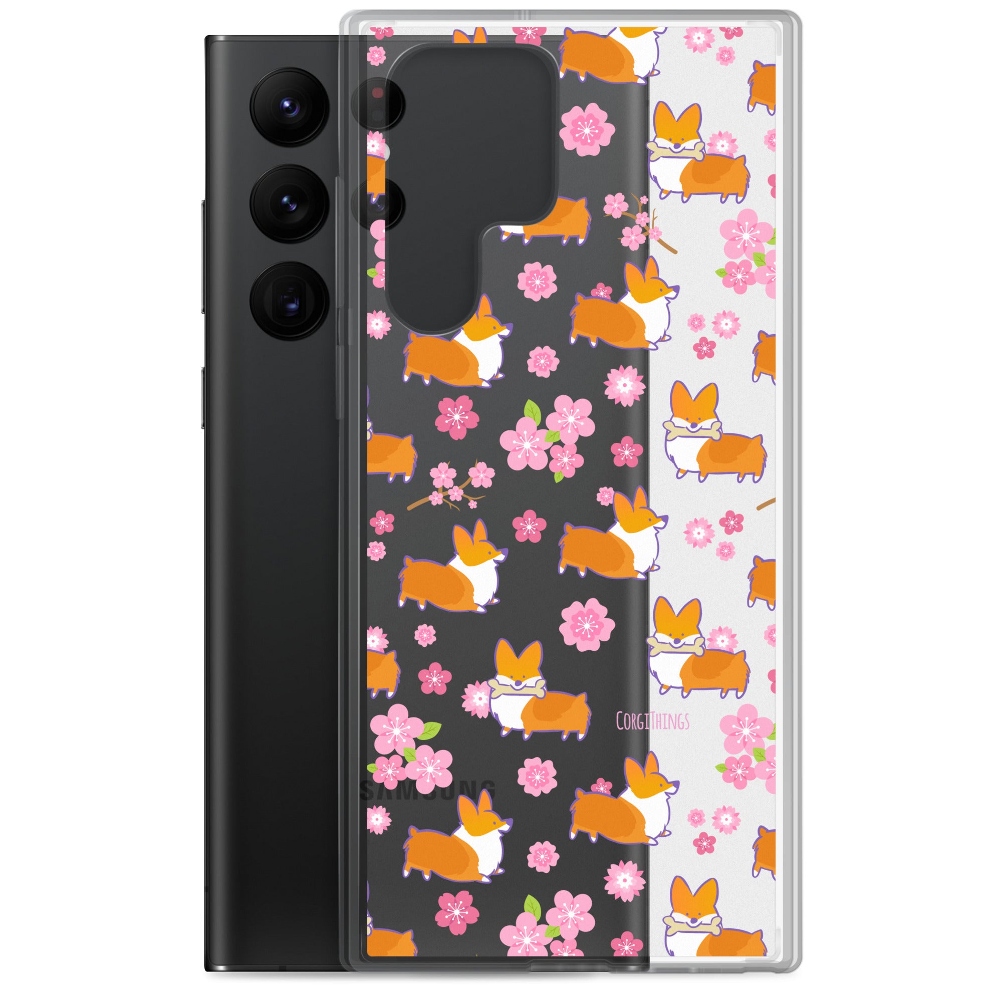 "Cherry Blossoms" Corgi Clear Samsung Phone Case