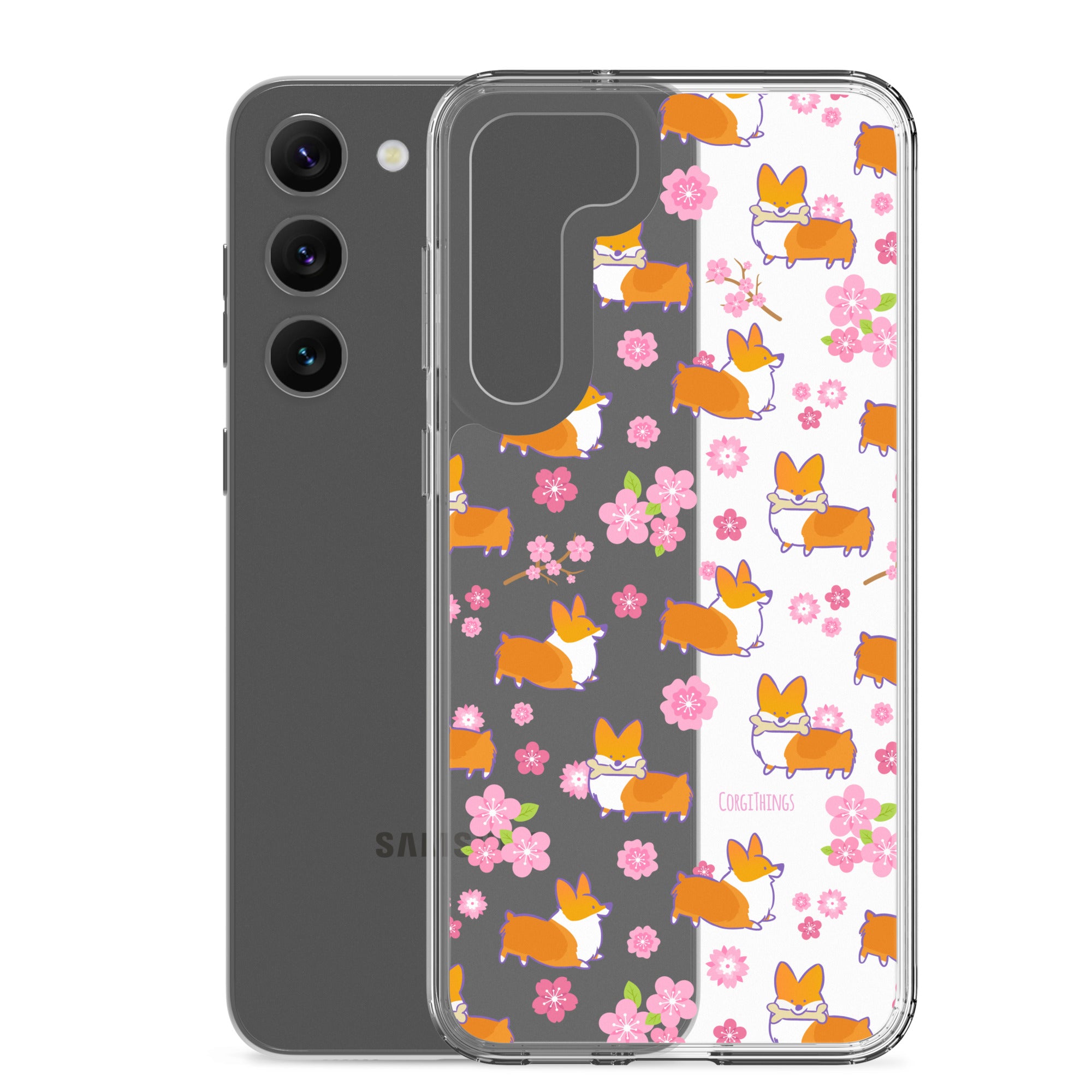 "Cherry Blossoms" Corgi Clear Samsung Phone Case