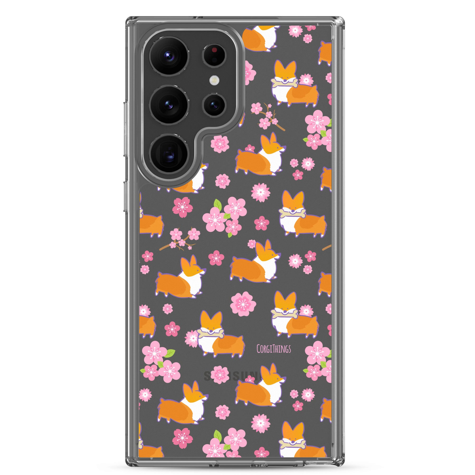 "Cherry Blossoms" Corgi Clear Samsung Phone Case