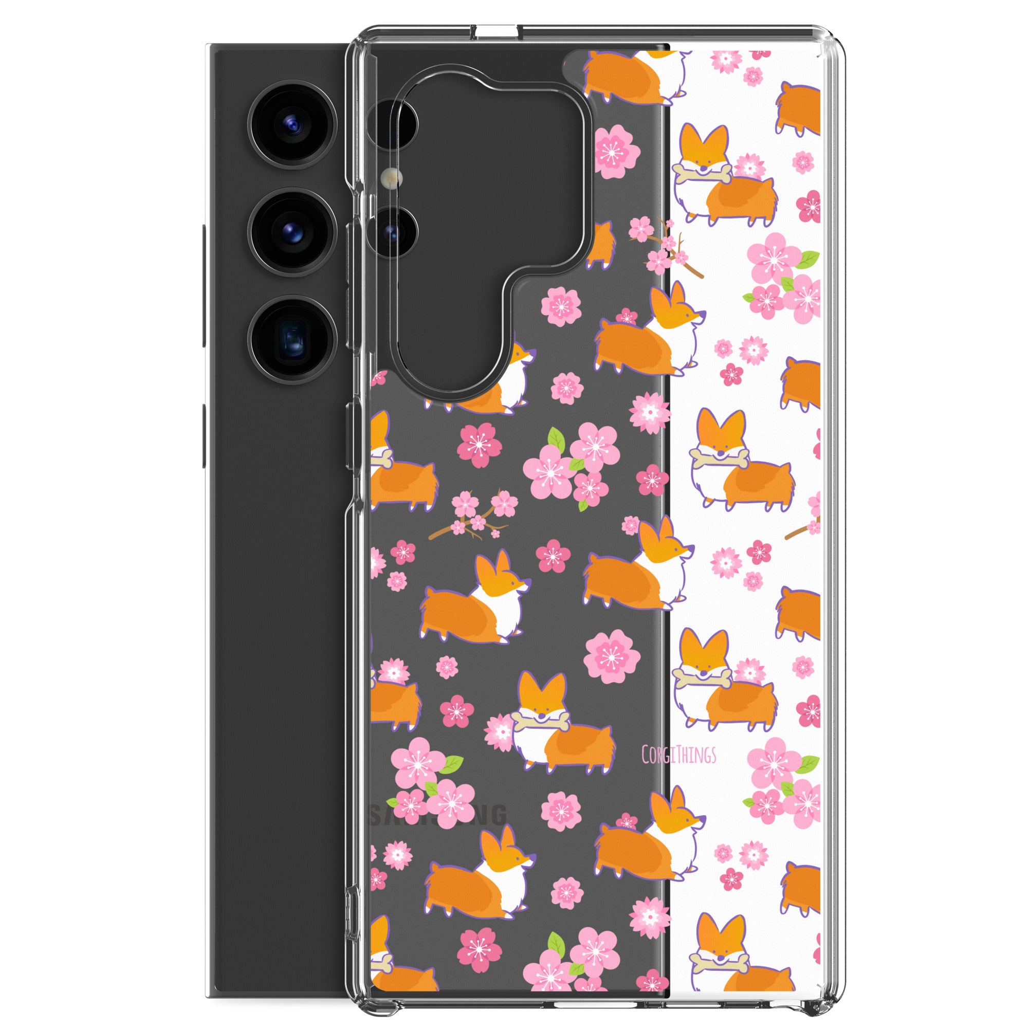 "Cherry Blossoms" Corgi Clear Samsung Phone Case