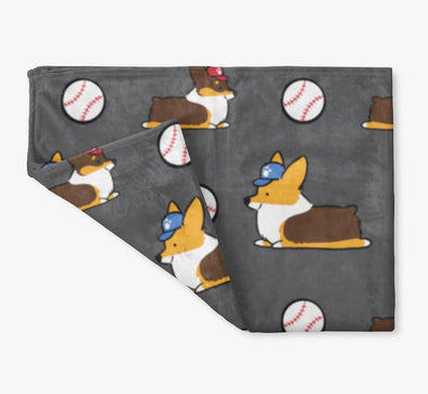Tricolor Baseball Corgis Fleece Blanket | 3 Sizes