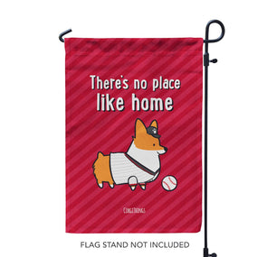 "No Place Like Home" Baseball Corgi Garden Flag | Red and Gray