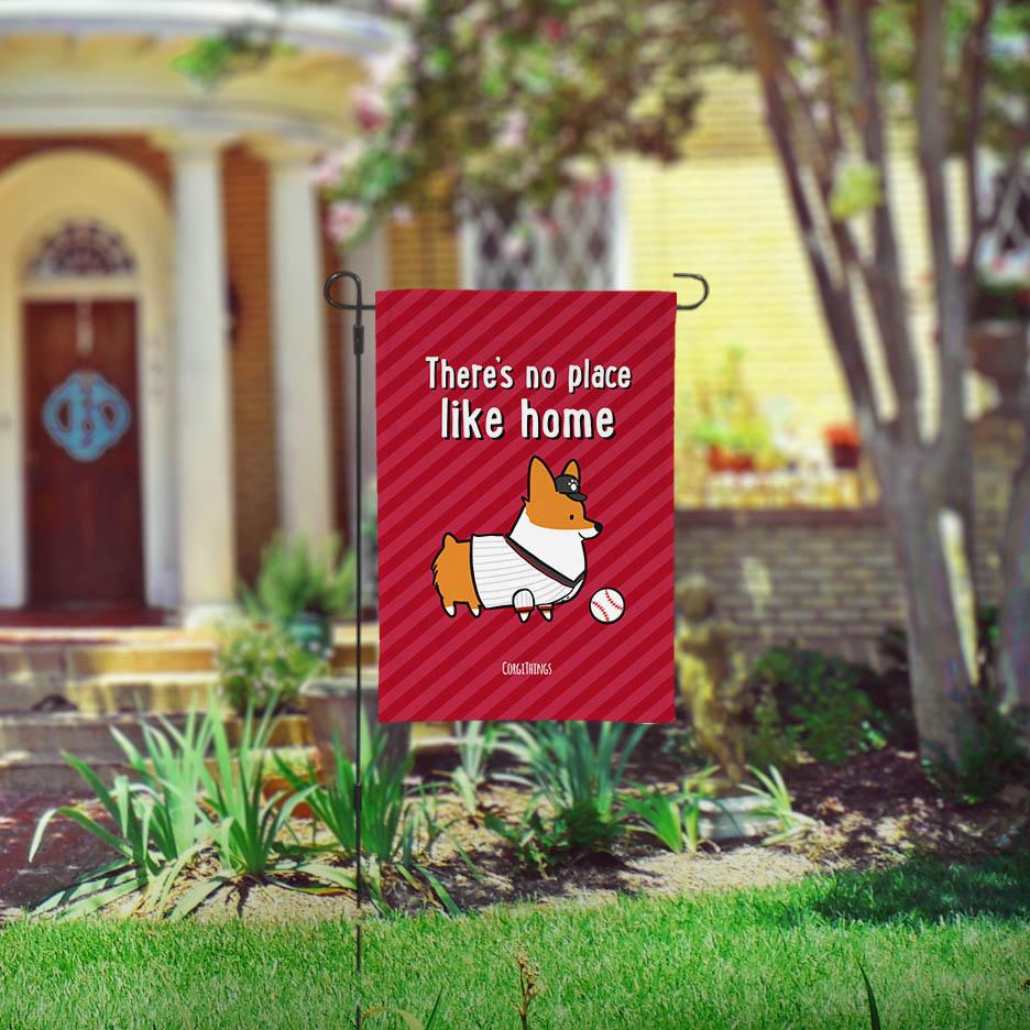 "No Place Like Home" Baseball Corgi Garden Flag | Red and Gray