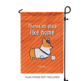 "No Place Like Home" Baseball Corgi Garden Flag | Orange and Blue