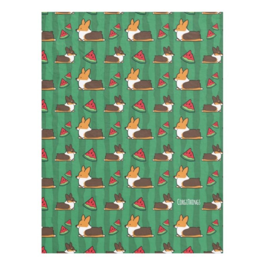 Tricolor Watermelon Corgi Fleece Blanket | 3 Sizes
