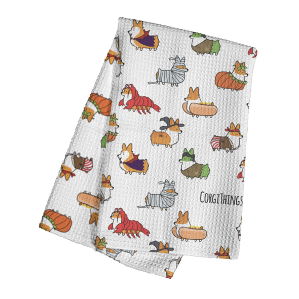 "Corgis in Costumes" Waffle Weave Kitchen Towel