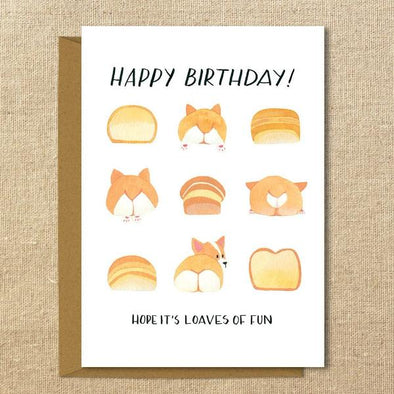 Corgi Birthday Card // Loaves of Fun // 5x7" Illustrated Greeting Card // Red and Tri-Color