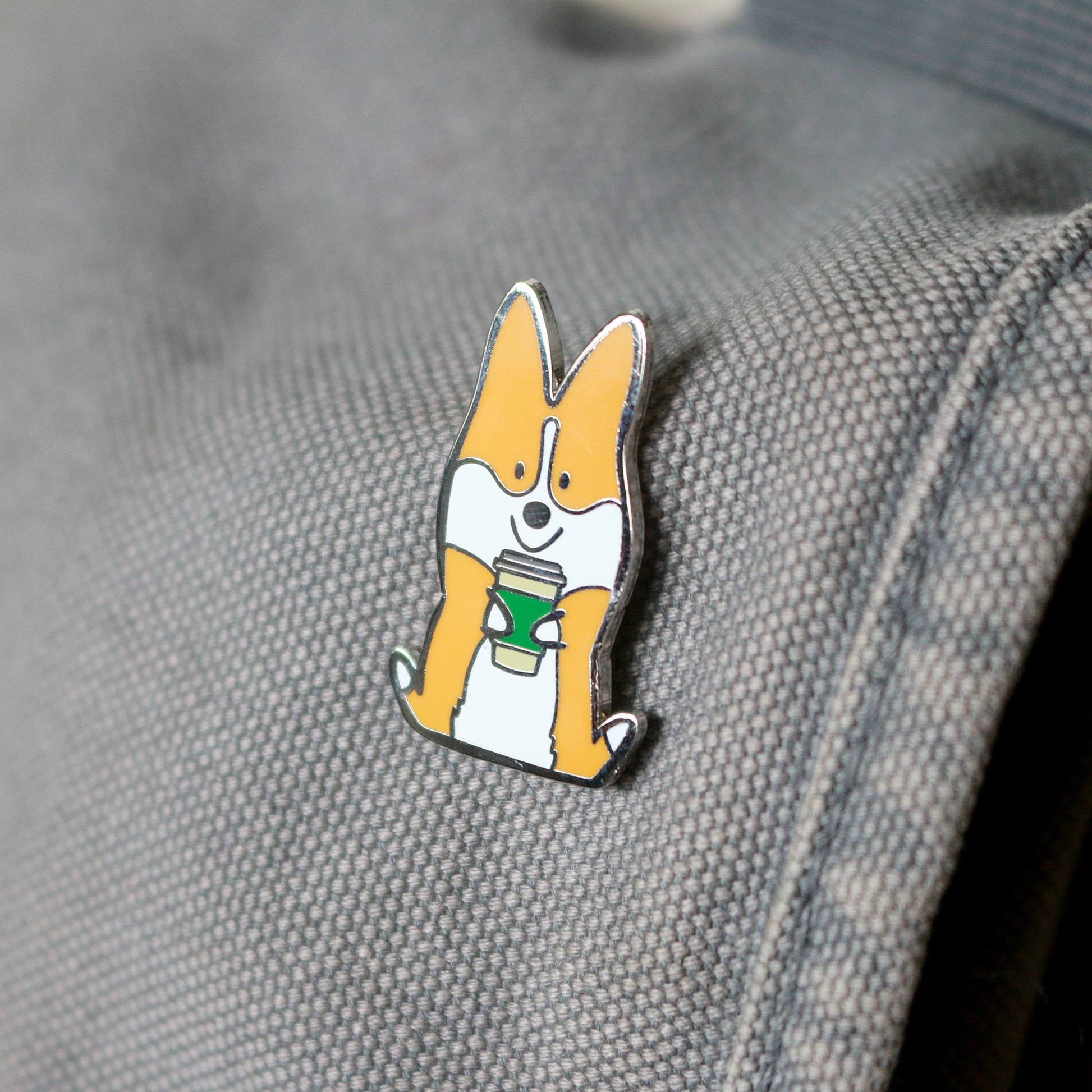 Corgis + Coffee Enamel Pin | Corgimoji Collectible Series| 1.25" Tall Hard Cloisonne Enamel Lapel Corgi Pin | Polished Silver Backing