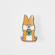 Corgis + Coffee Enamel Pin | Corgimoji Collectible Series| 1.25" Tall Hard Cloisonne Enamel Lapel Corgi Pin | Polished Silver Backing