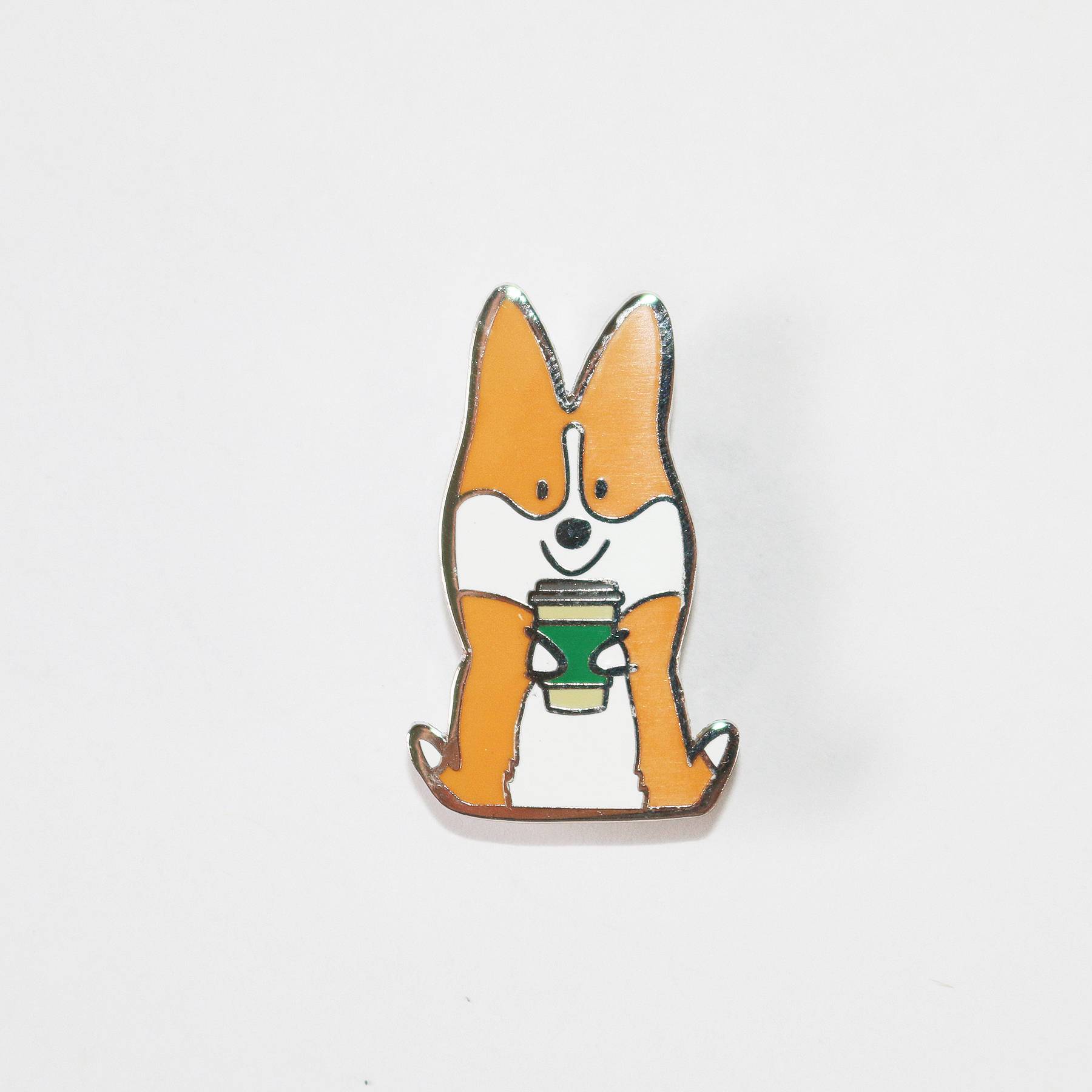 Corgis + Coffee Enamel Pin | Corgimoji Collectible Series| 1.25" Tall Hard Cloisonne Enamel Lapel Corgi Pin | Polished Silver Backing