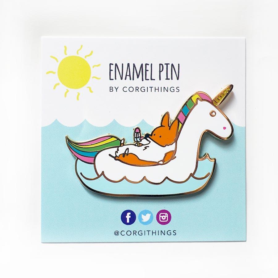 NEW!!! Summertime Loafin' Unicorn Floatie Enamel Pin | Corgimoji Collectible Series | 2 inch Lapel Corgi Pin | Polished Gold Backing