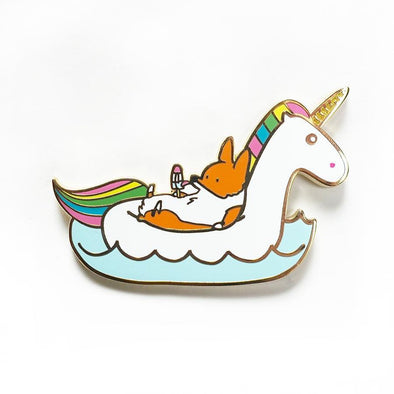 NEW!!! Summertime Loafin' Unicorn Floatie Enamel Pin | Corgimoji Collectible Series | 2 inch Lapel Corgi Pin | Polished Gold Backing