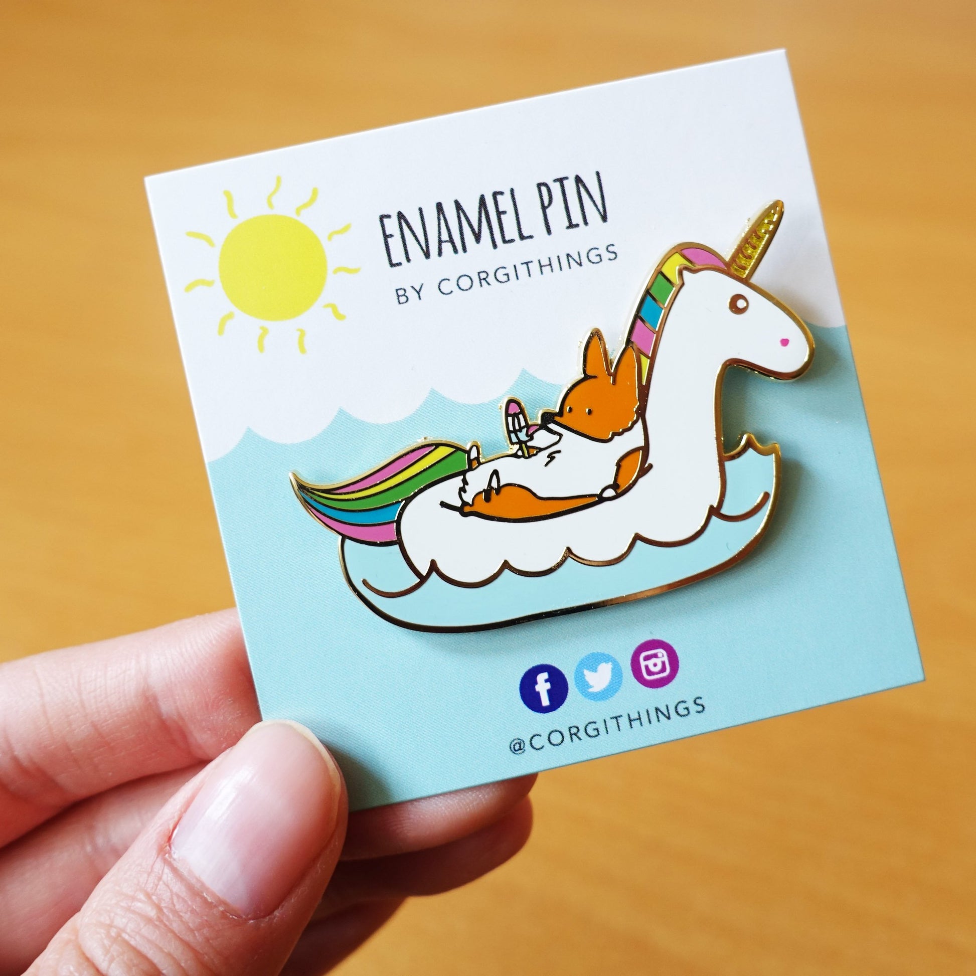 NEW!!! Summertime Loafin' Unicorn Floatie Enamel Pin | Corgimoji Collectible Series | 2 inch Lapel Corgi Pin | Polished Gold Backing