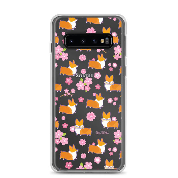 "Cherry Blossoms" Corgi Clear Samsung Phone Case