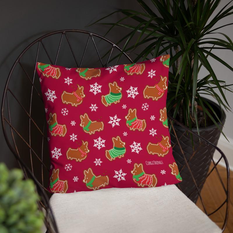"Gingerbread Corgis" 18x18 Red Square Pillow | Holiday Collection