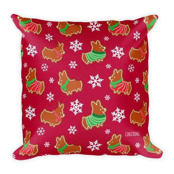 "Gingerbread Corgis" 18x18 Red Square Pillow | Holiday Collection